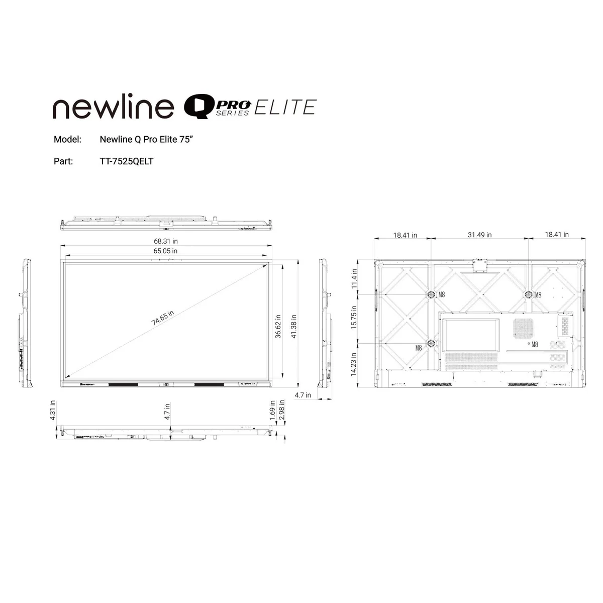 Newline Interactive TT-7525QELT 75" Q Pro Elite series 4K LED Multi-Touch Display w/ USB Type-C, EDLA, NFC, & Android 15 - Image 2