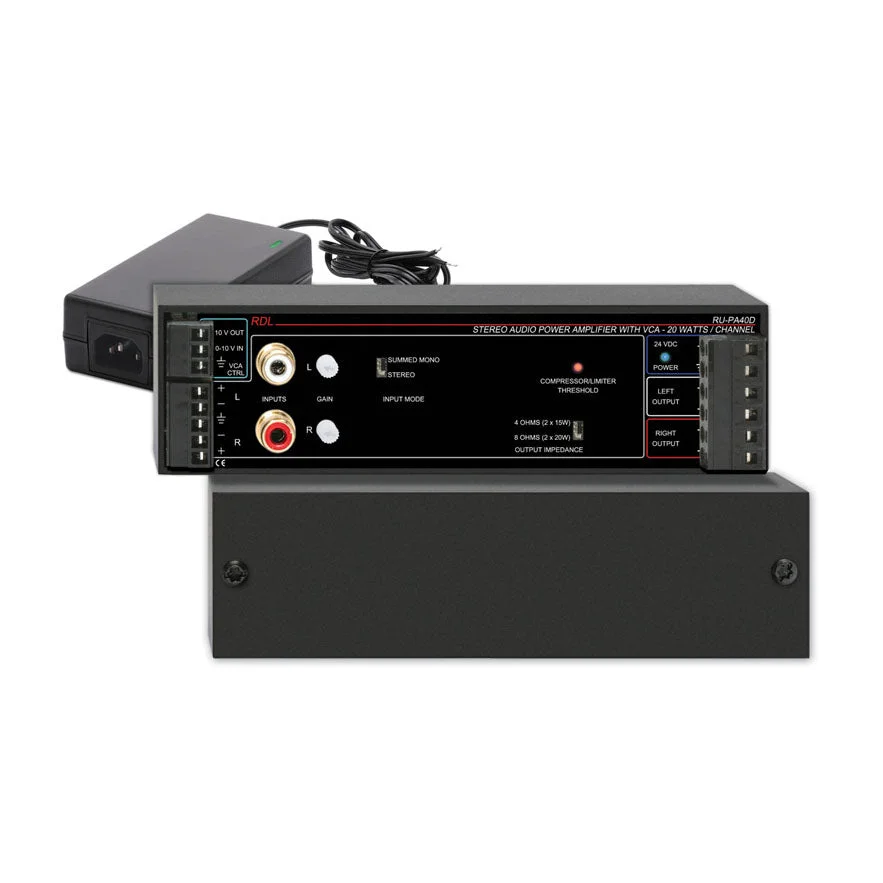 RDL RU-PA40D 40 W Stereo Audio Amplifier with VCA - 8 ohm, with Power Supply