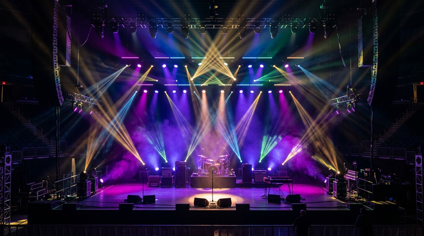 Dramatic concert stage lighting with colorful moving head beams cutting through haze