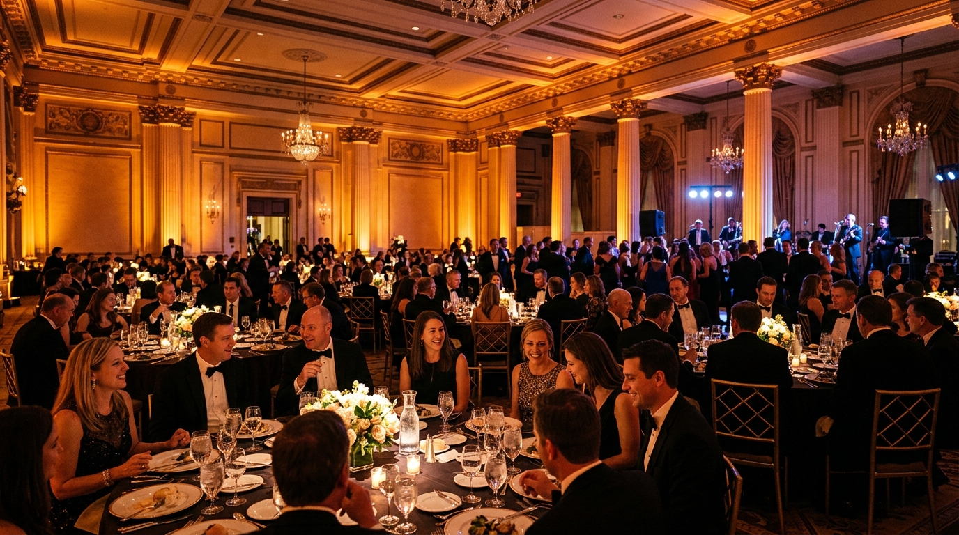 Elegant corporate gala with warm amber uplighting on walls, pinspot lights on centerpieces