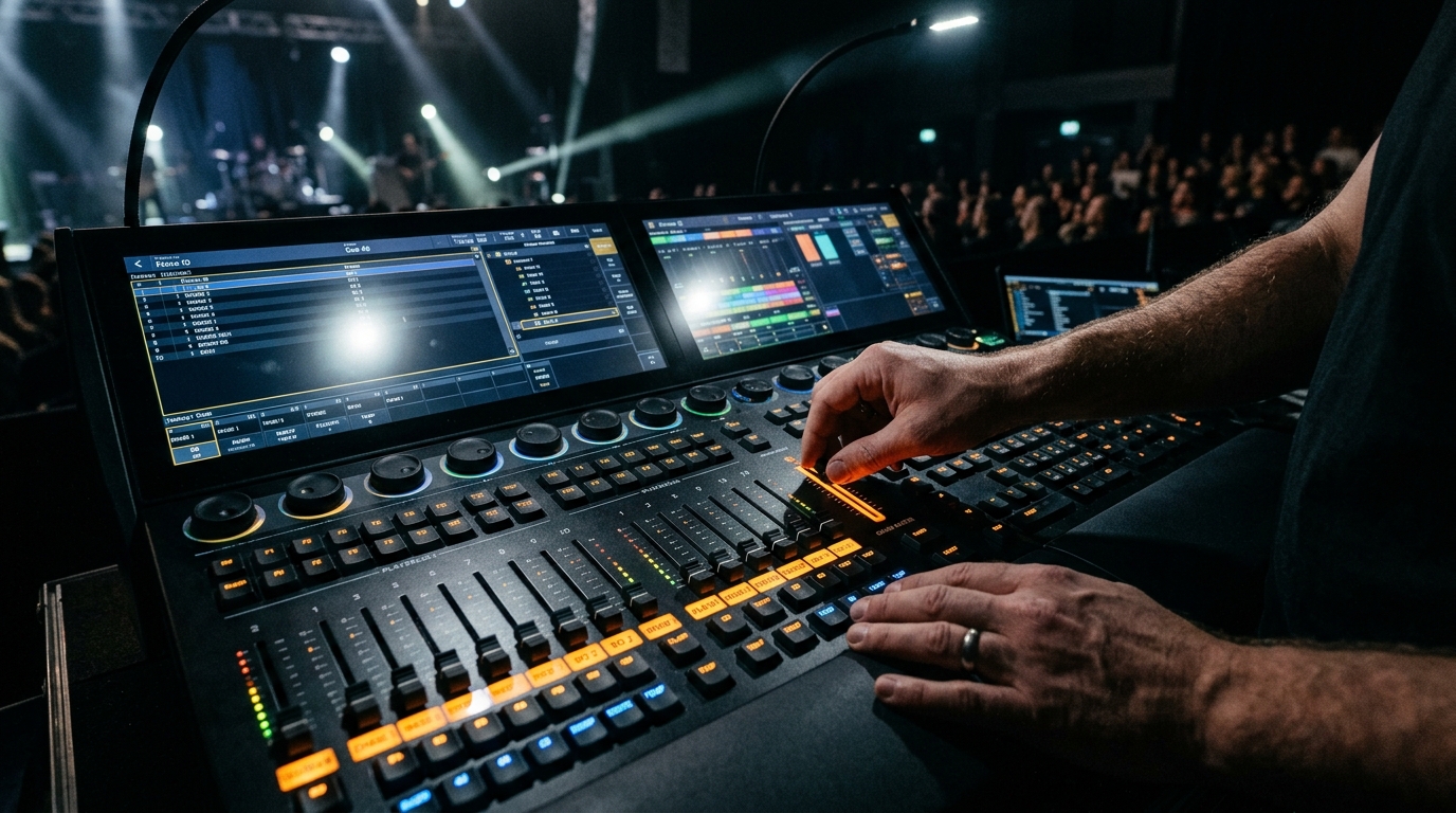 Professional DMX lighting console with illuminated faders and screens, designer at work