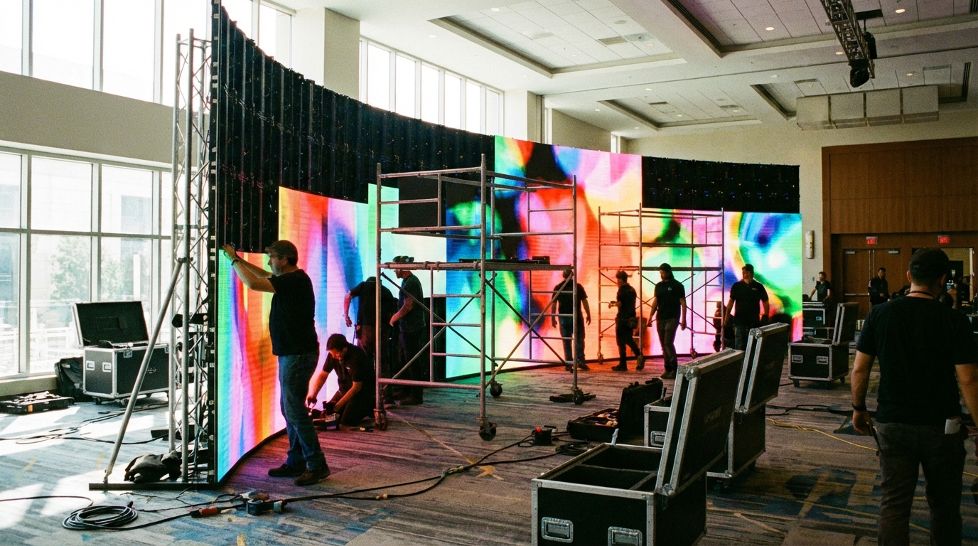 Technicians assembling a large LED video wall in a convention center ballroom with some panels already lit up