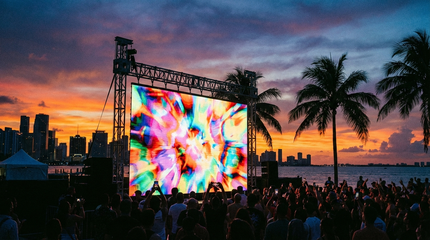Large outdoor LED screen at a Miami waterfront event at dusk with palm trees and city skyline in background