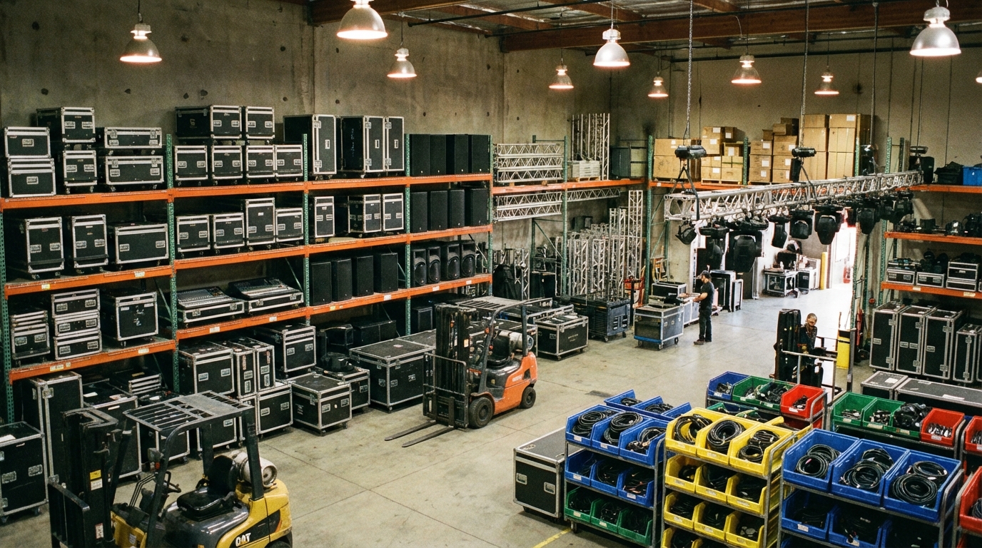 Professional event production warehouse with organized racks of audio equipment, lighting fixtures, and road cases