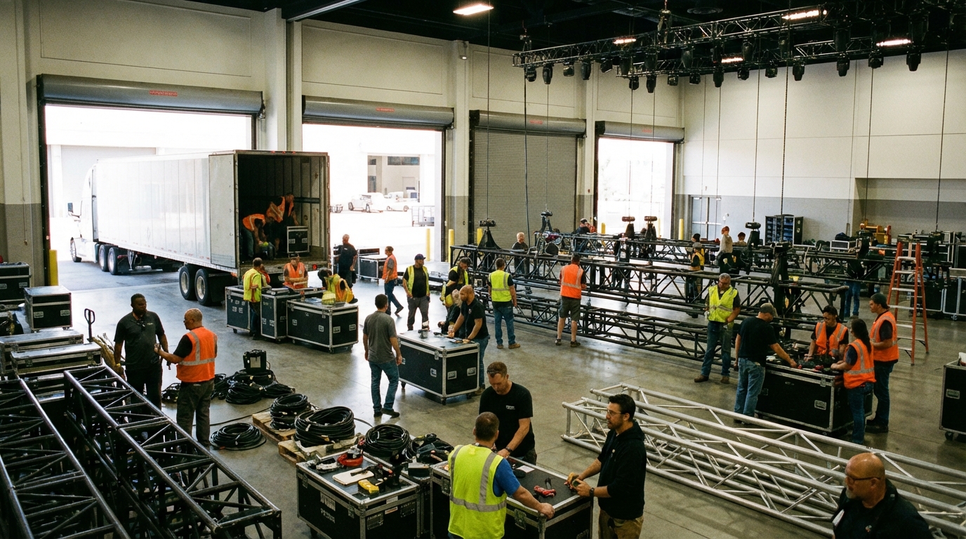 Professional production crew during venue load-in, unloading road cases and setting up truss and rigging
