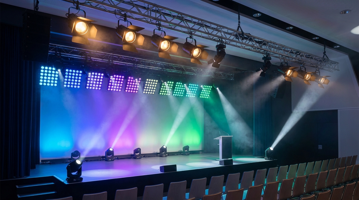 Professional corporate stage with three-layer lighting setup including key lights, LED wash panels, and moving head spotlights with visible beams