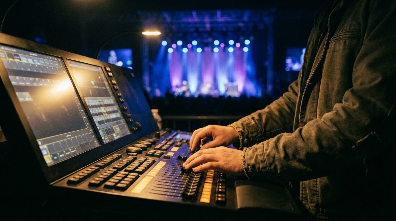 Lighting engineer operating a professional MA Lighting console with illuminated stage visible in background