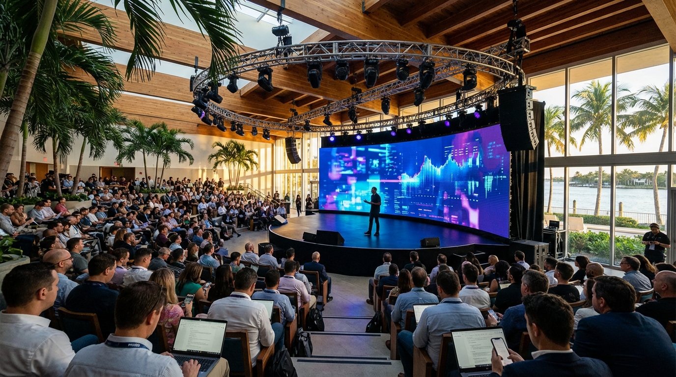 Large Miami tech conference with massive high-resolution LED wall on stage and professional lighting rig