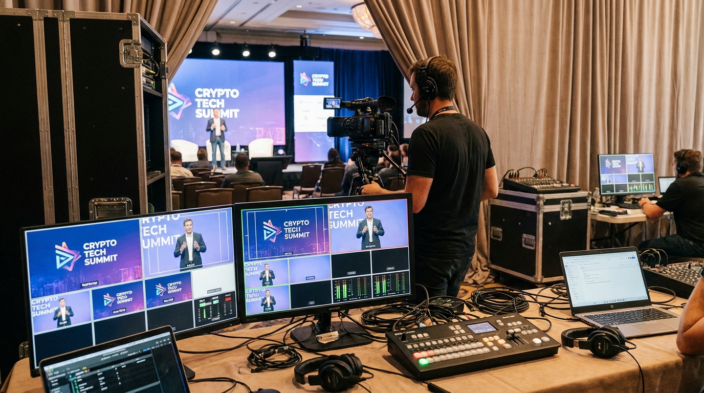 Professional livestream production setup backstage with multiple monitors and video switching equipment