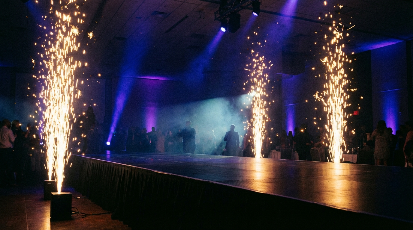 Cold spark machines creating dramatic golden fountains of sparks on both sides of a dark event stage