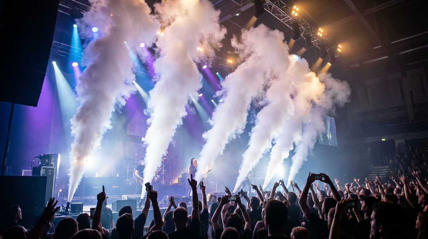 CO2 cryo jets blasting white fog plumes at an indoor concert with colorful stage lighting
