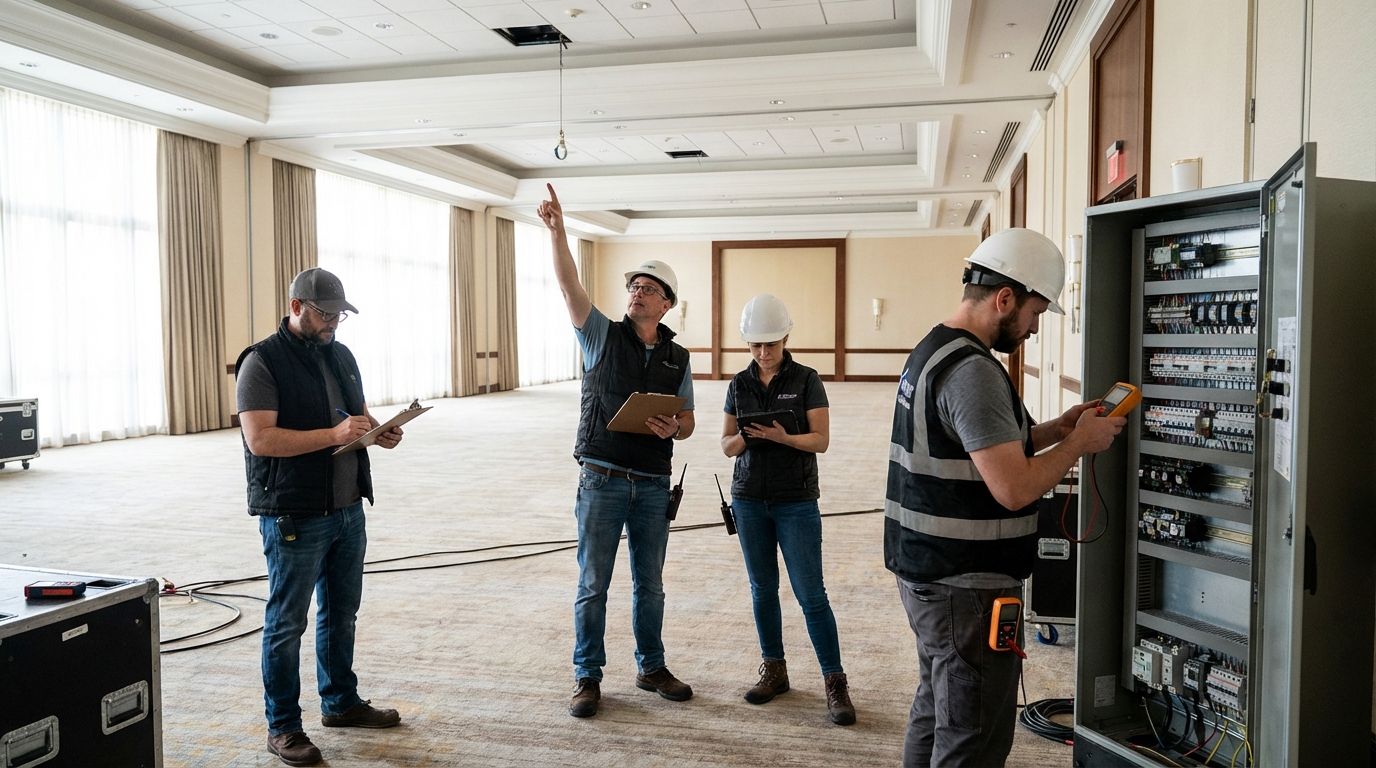 Production team conducting a venue walkthrough in a hotel ballroom, inspecting rigging points and power panels