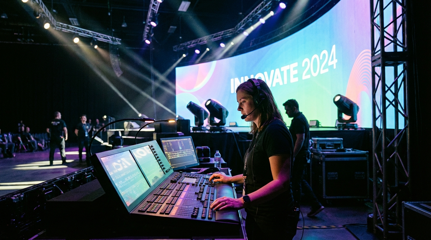 Stage manager operating a lighting console during a corporate conference rehearsal with LED screen in background
