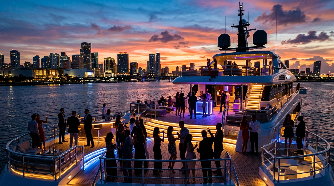 Luxury yacht party with LED lighting at sunset in Miami