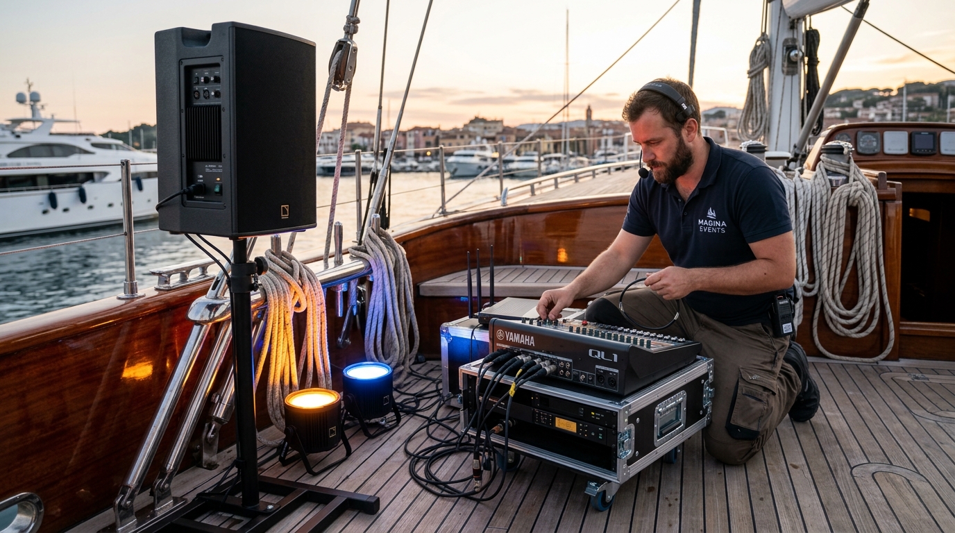 Professional audio and lighting equipment configured for yacht event production